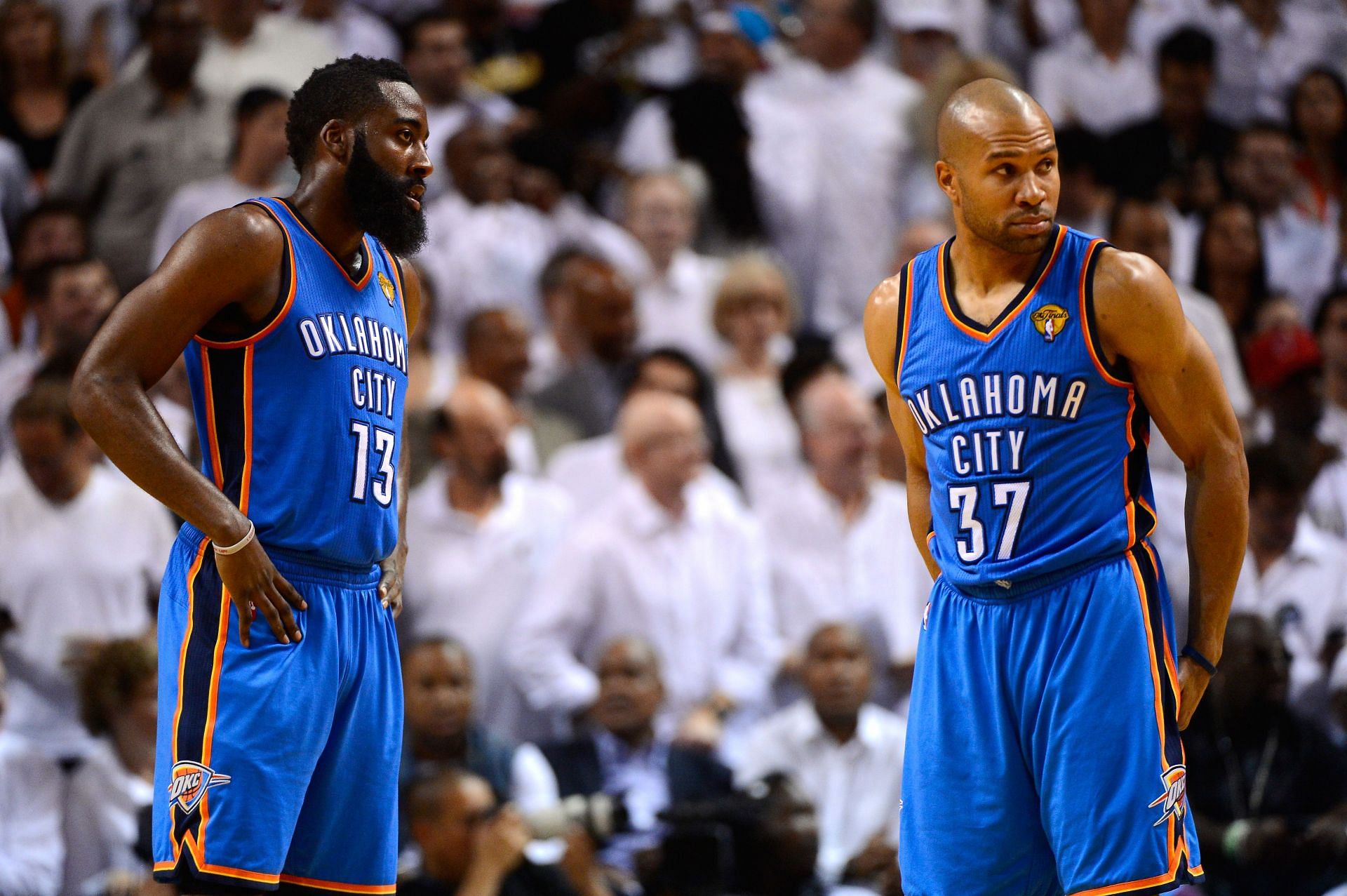 Former OKC Thunder guards James Harden and Derek Fisher