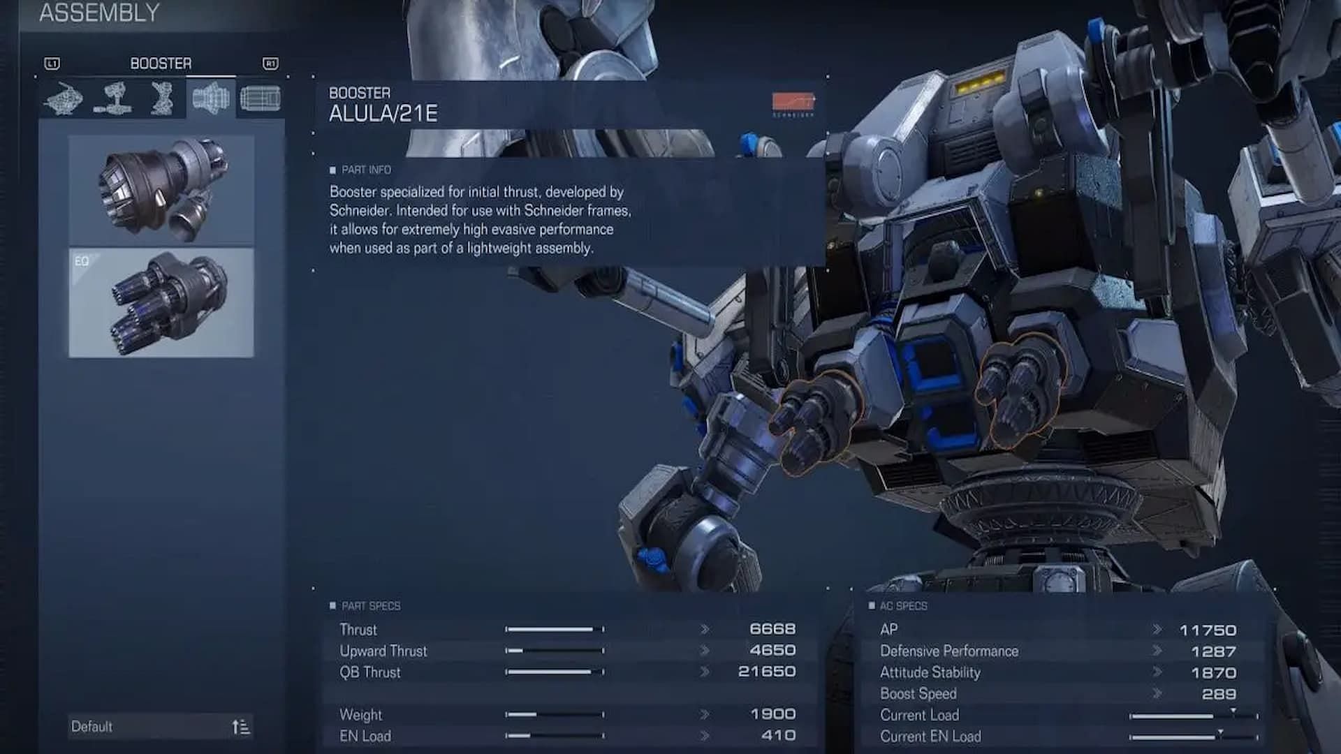 ALULA 21E boosters suit this Reverse Joint build in Armored Core 6 (Image via FromSoftware)