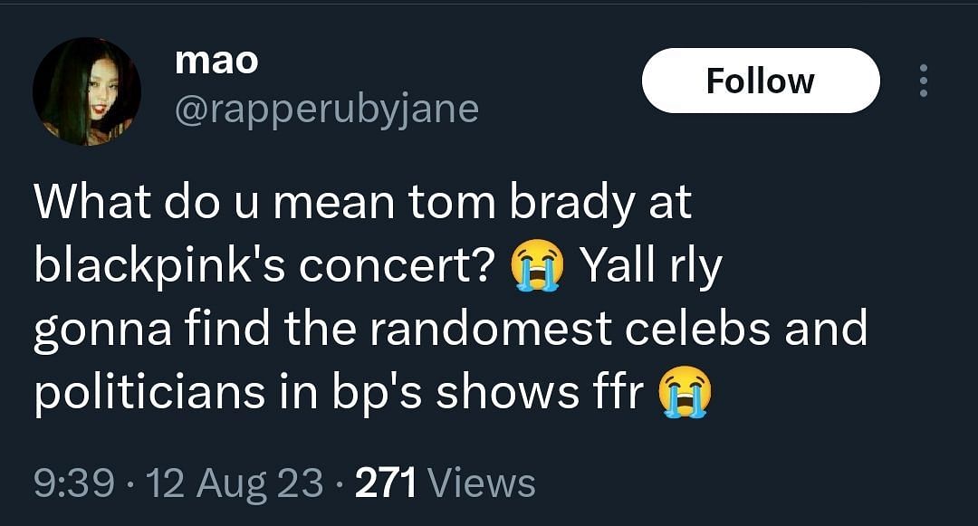 Fan reacting to Tom Brady&#039;s appearance at Born Pink concert (Image via rapperbyjane@Twitter)