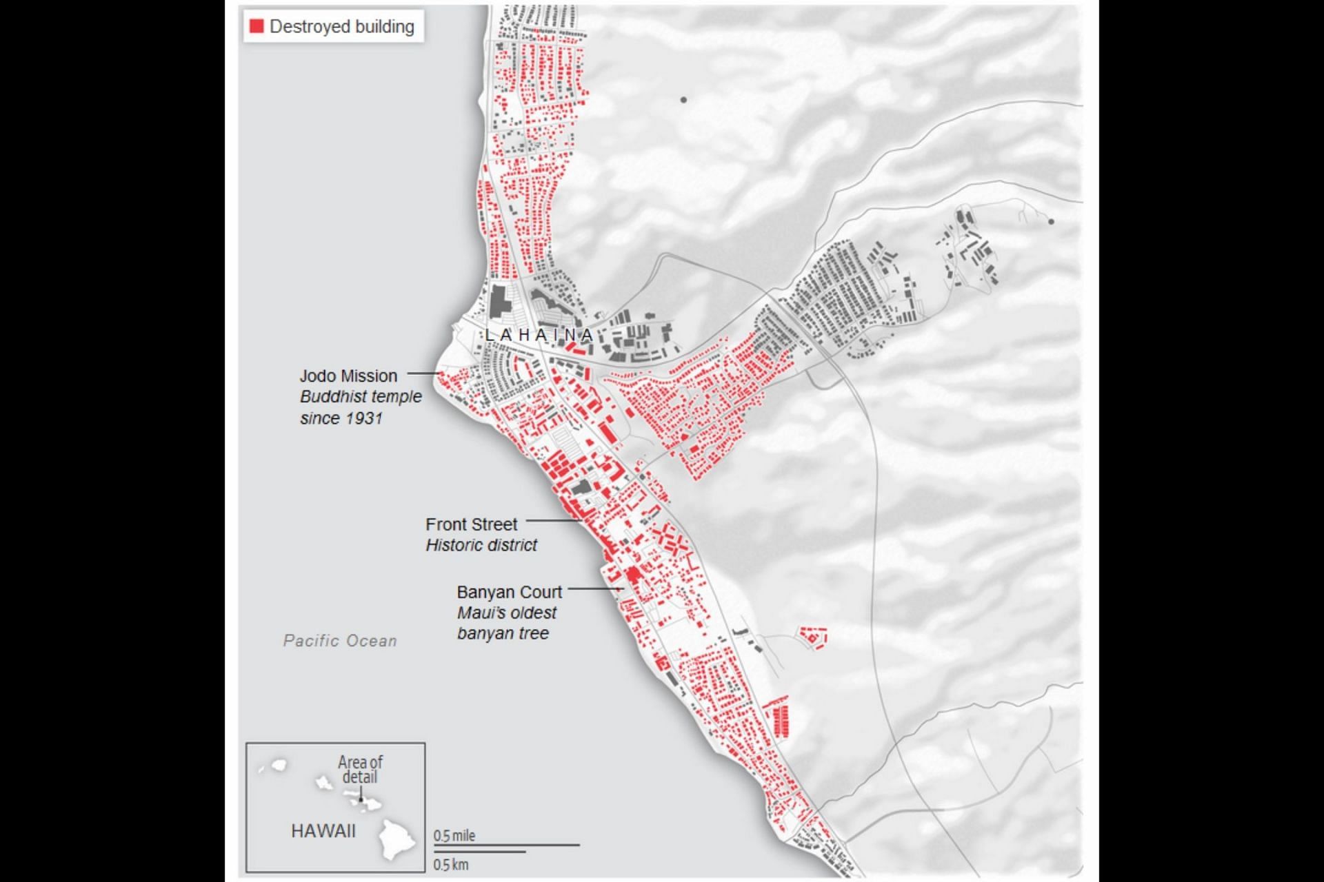 The map of the town denoting the buildings that are destroyed. (Image via X/@lookner)