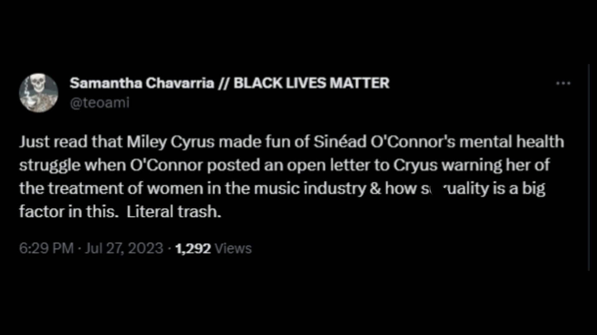 Screenshot of a Twitter user remarking on Cyrus&#039; response to Sinead O&#039;Connor&#039;s open letter.