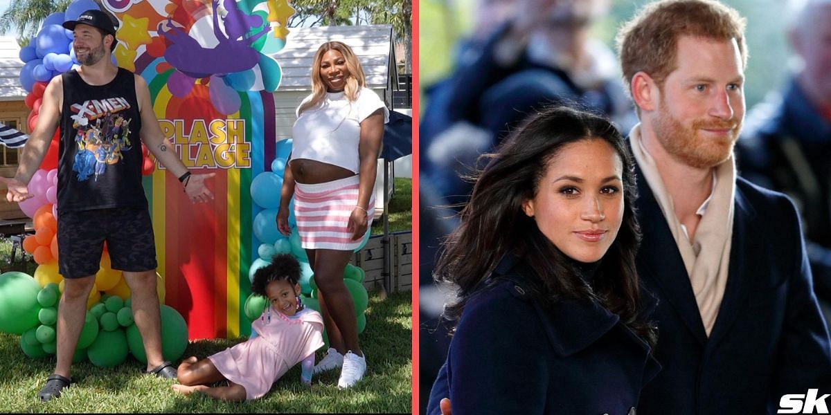 Serena Williams with her husband Alexis Ohanian and daughter Olympia (L), Meghan Markle with her husband Prince Harry (R)