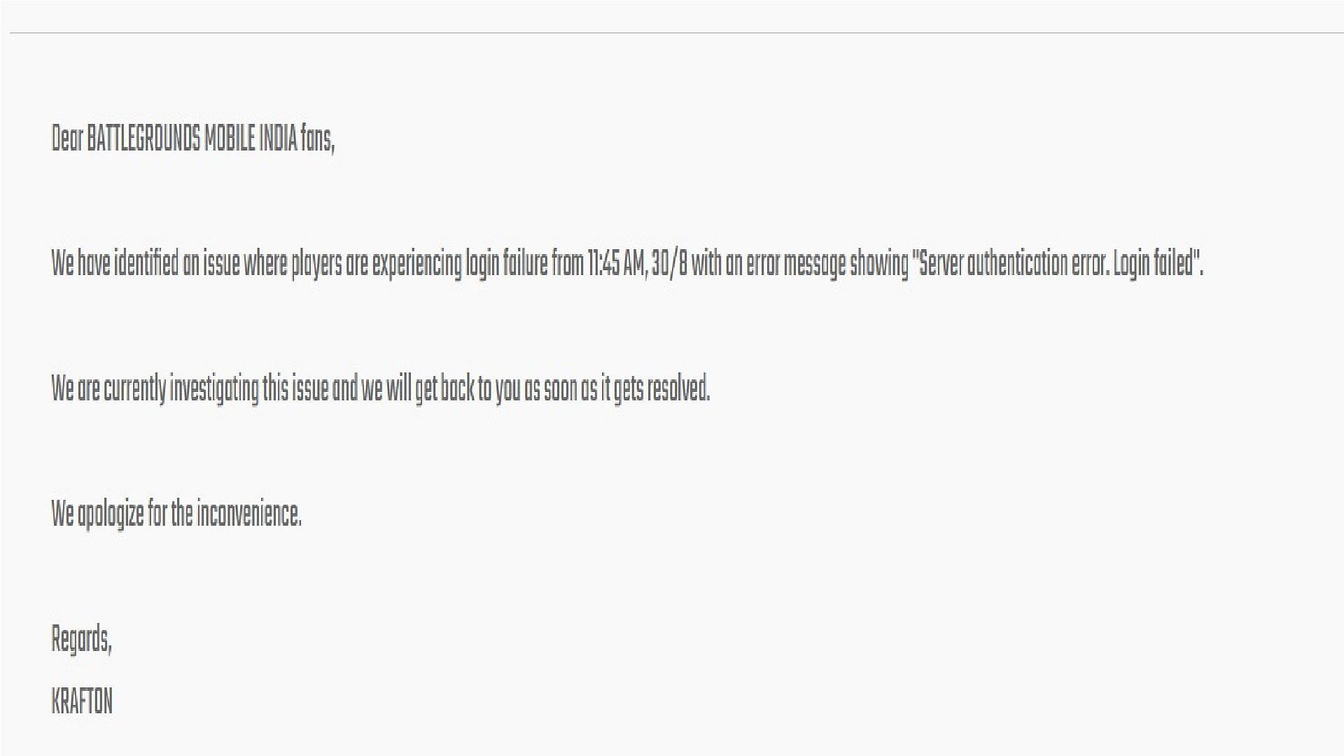 Krafton&#039;s official statement regarding the server authentication error (Image via Krafton)