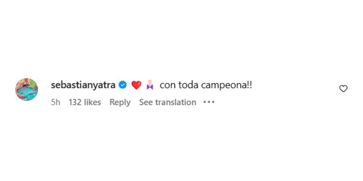 Colombian singer Sebastian Yatra's comment on Paula Badosa's announcement post.