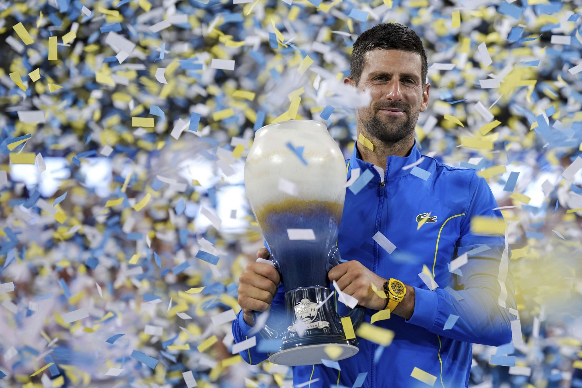 Novak Djokovic with the Rookwood Cup after winning the 2023 Cincinnati Open.