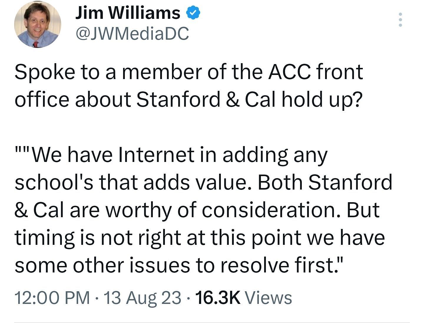 The ACC is passing over the opportunity to add Stanford and Cal