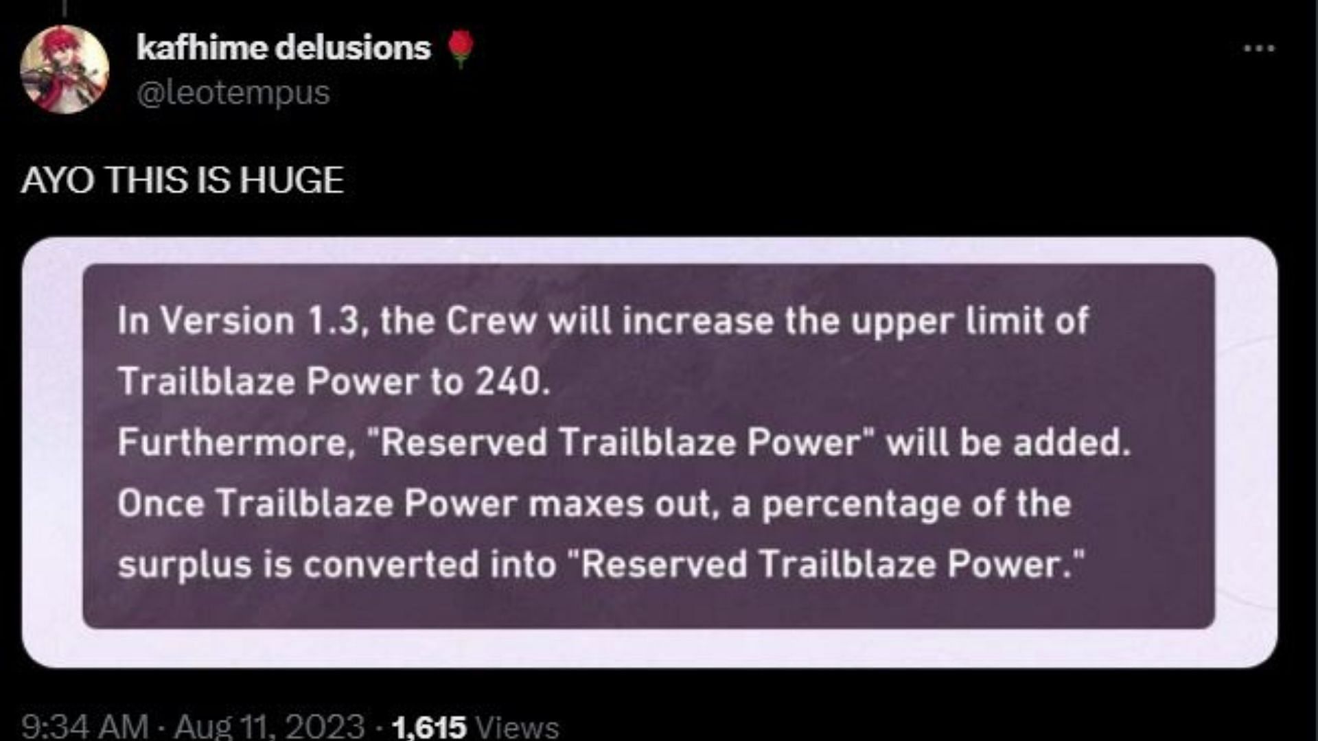 The Trailblaze Power cap increase and Reserved Trailblaze Power are massive changes for v1.3 (Image via Twitter/leotempus)