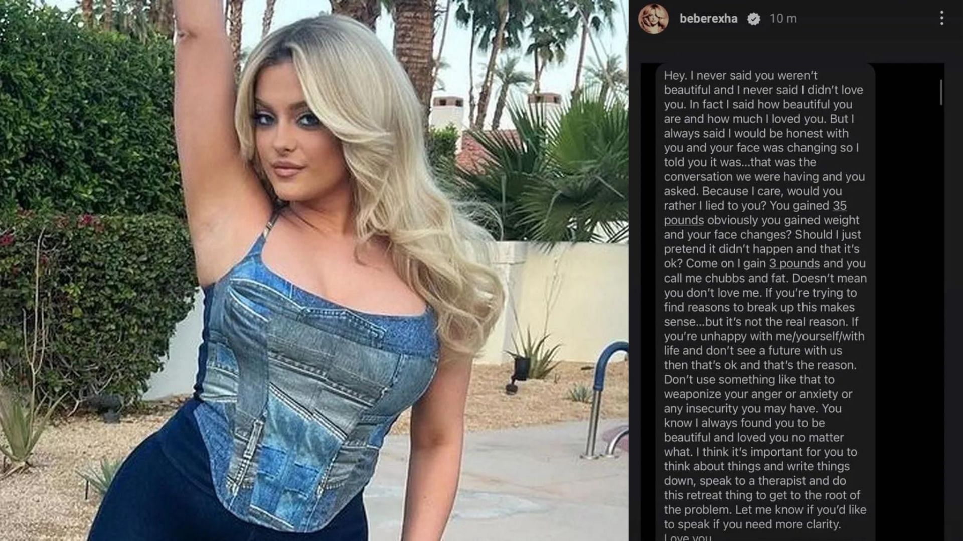 Breaking down Bebe Rexha&#039;s ex Keyan Safyari&#039;s &#039;Weight Gain&#039; text (Image via Twitter)