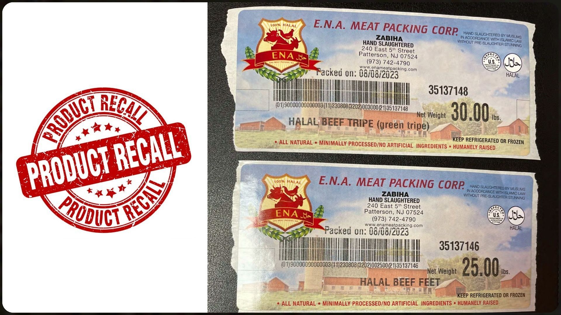 E.N.A. Meat Packing Inc. recalls frozen, lamb tripe, beef feet, and raw beef tripe products (Image via FSIS)