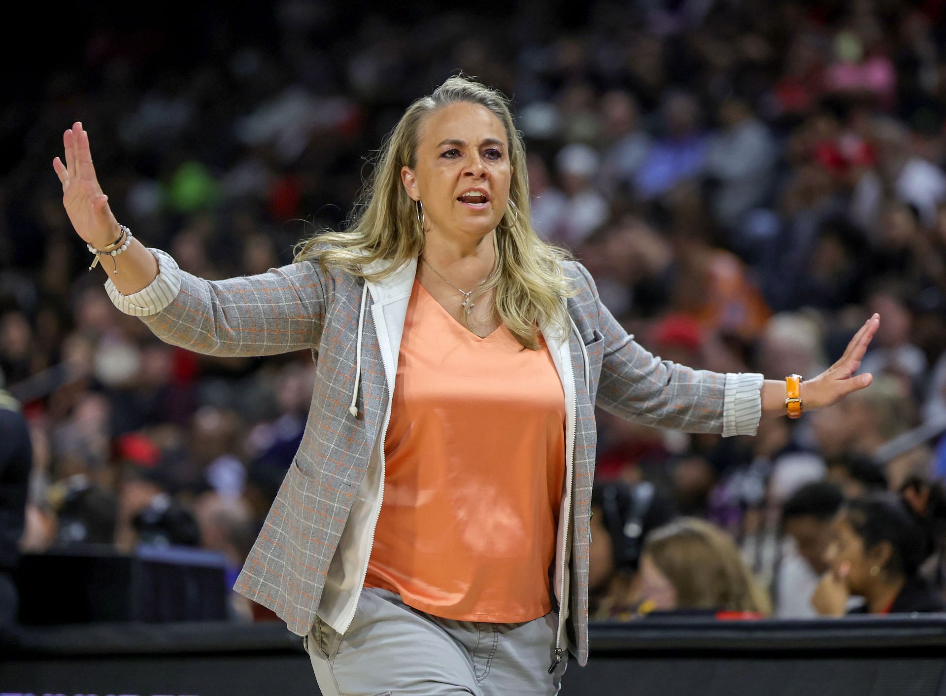 Coach Becky Hammon of the Las Vegas Aces against the Indiana Fever