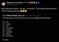 Fans celebrate V's song achieves the number 1 spot on US iTunes (Image via Twitter/taekoooksoreal)