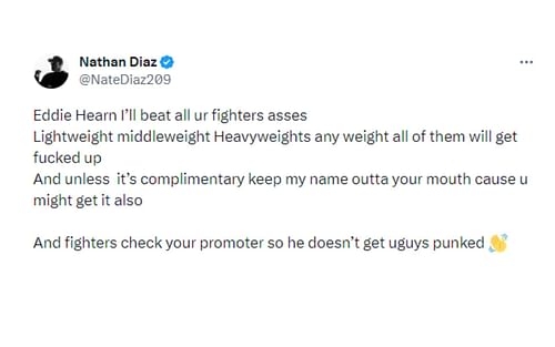 Tweet directed towards Eddie Hearn [Credit- Nate Diaz Twitter]