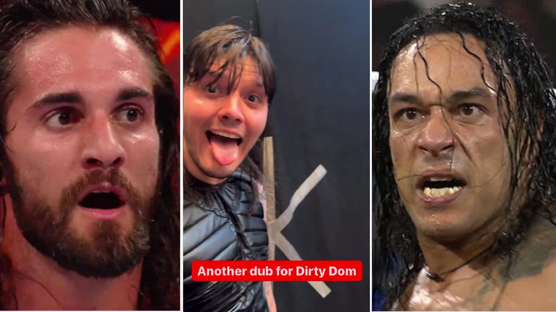 Seth Rollins on the left, Dominik Mysterio in the middle, Damian Priest on the right