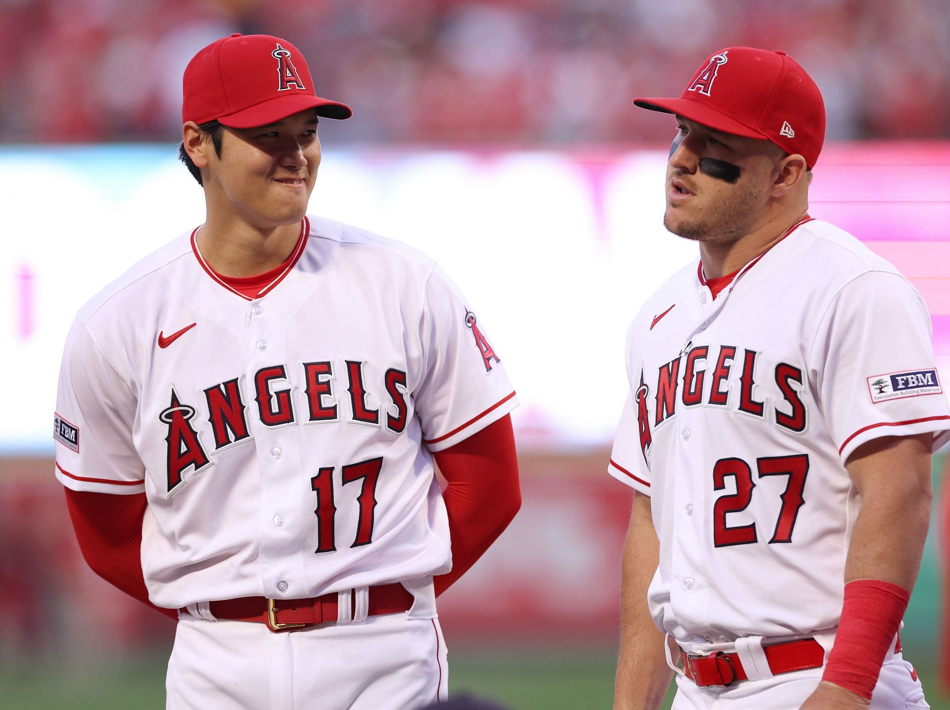 Shohei Ohtani and Mike Trout of the Los Angeles Angels line up for the National Anthem in Anaheim