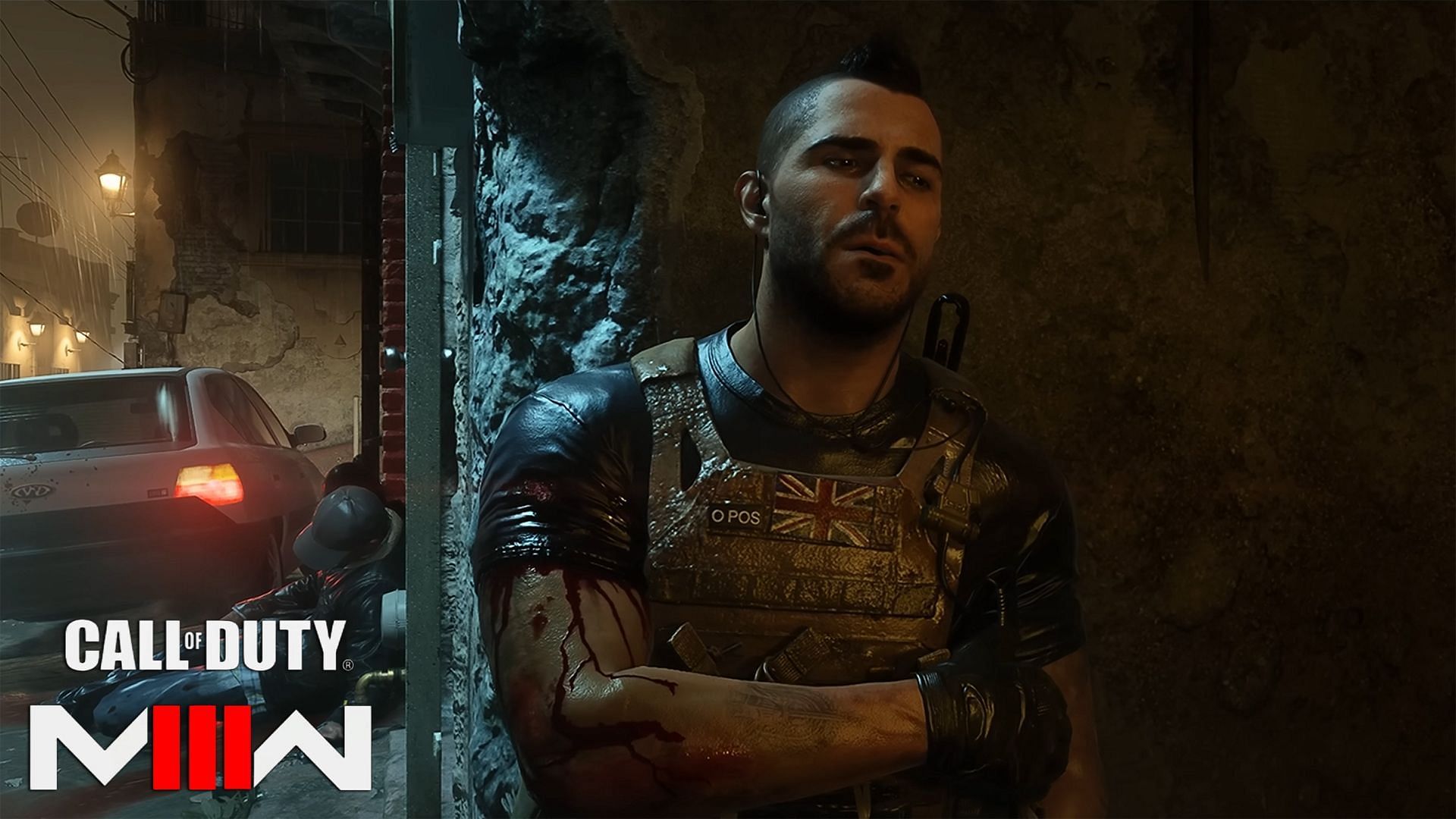 Soap injured putting pressure on his wounds as he rests on a wall in a dark alley. There is also a Modern Warfare 3 logo at the bottom left corner.