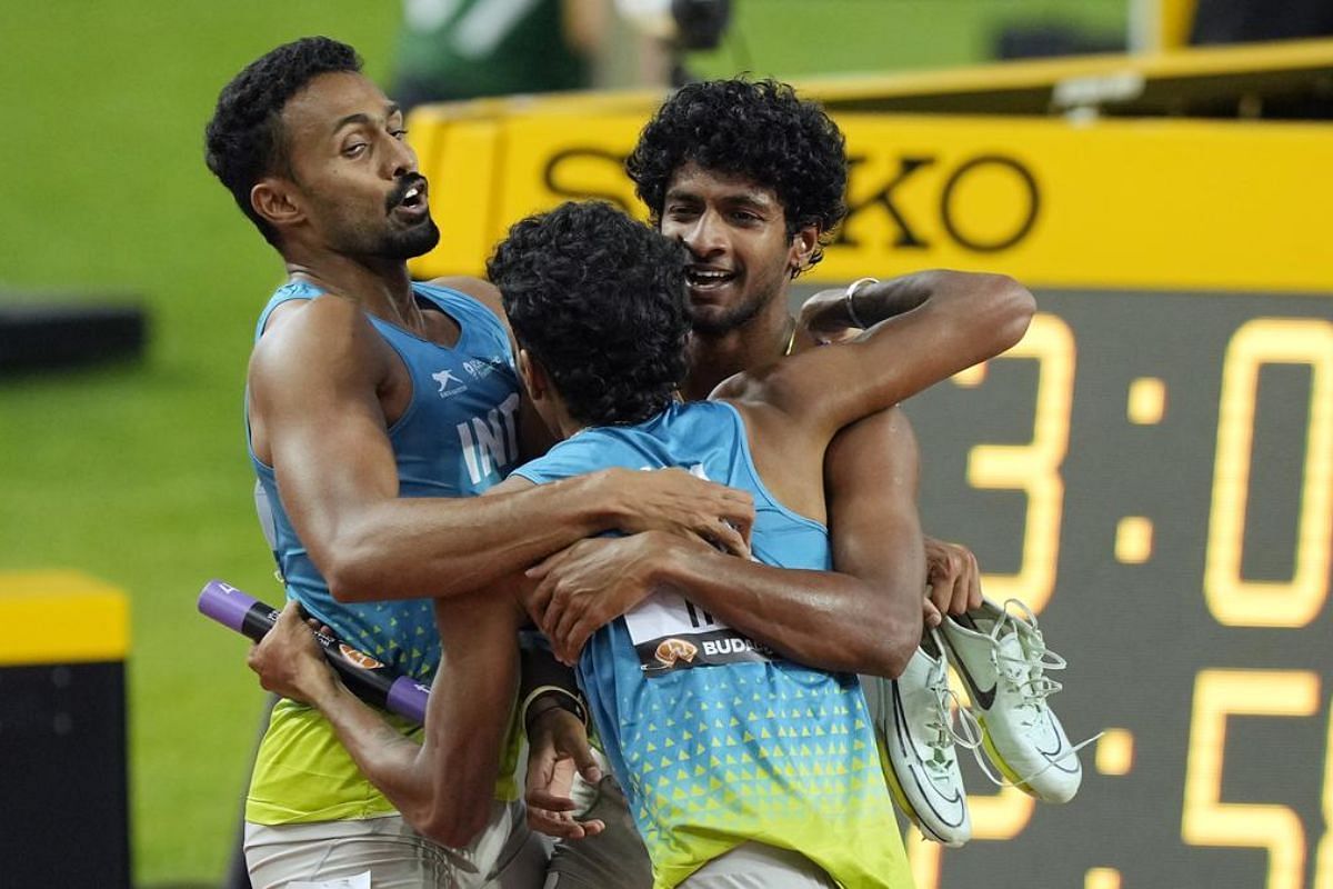 Indian 4x400 relay team celebrates after finishing second on Saturday. (IMAGE: AP Photo/Martin Meissner)