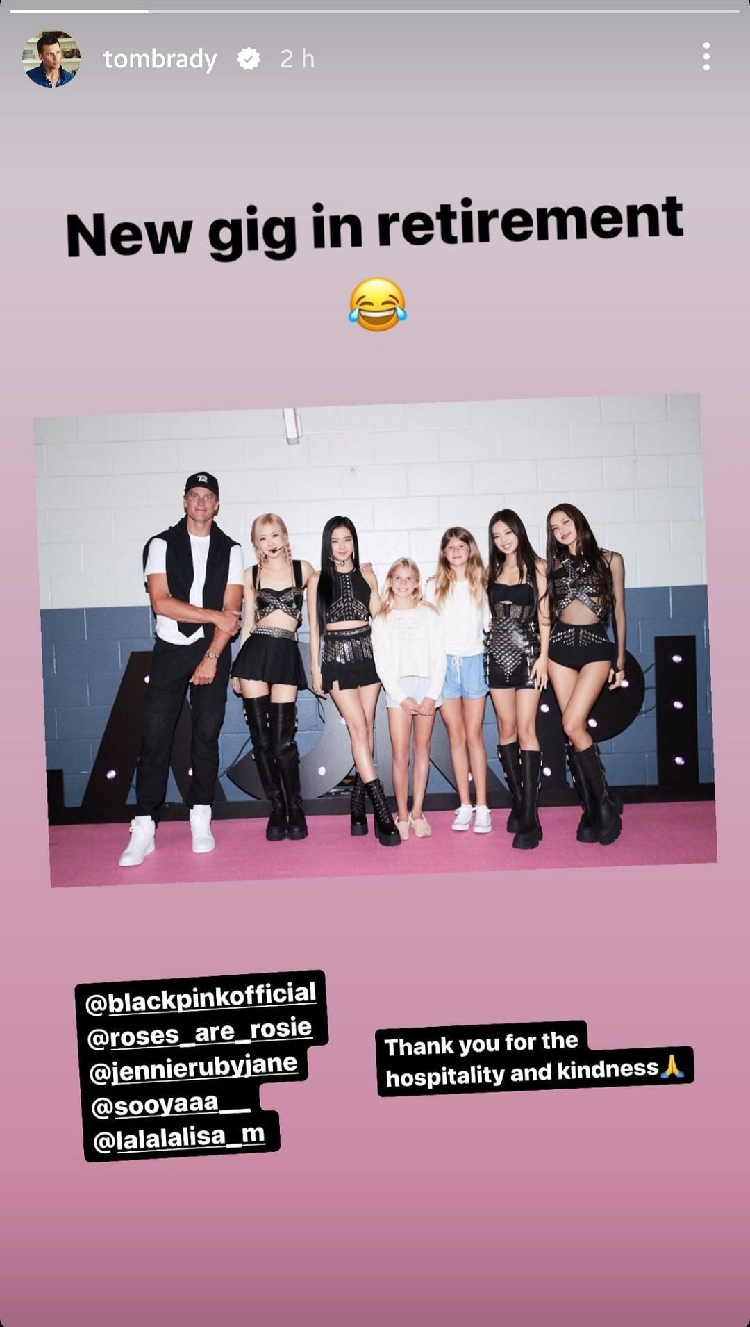 Tom Brady posts a photo with his daughter, Vivian, and the girl group Blackpink. (Image credit: Tom Brady on Instagram)