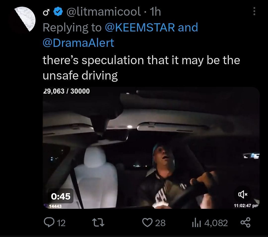 A screenshot from a clip of Fousey driving recklessly, which could have resulted in his ban (Image via X/@litmamicool)