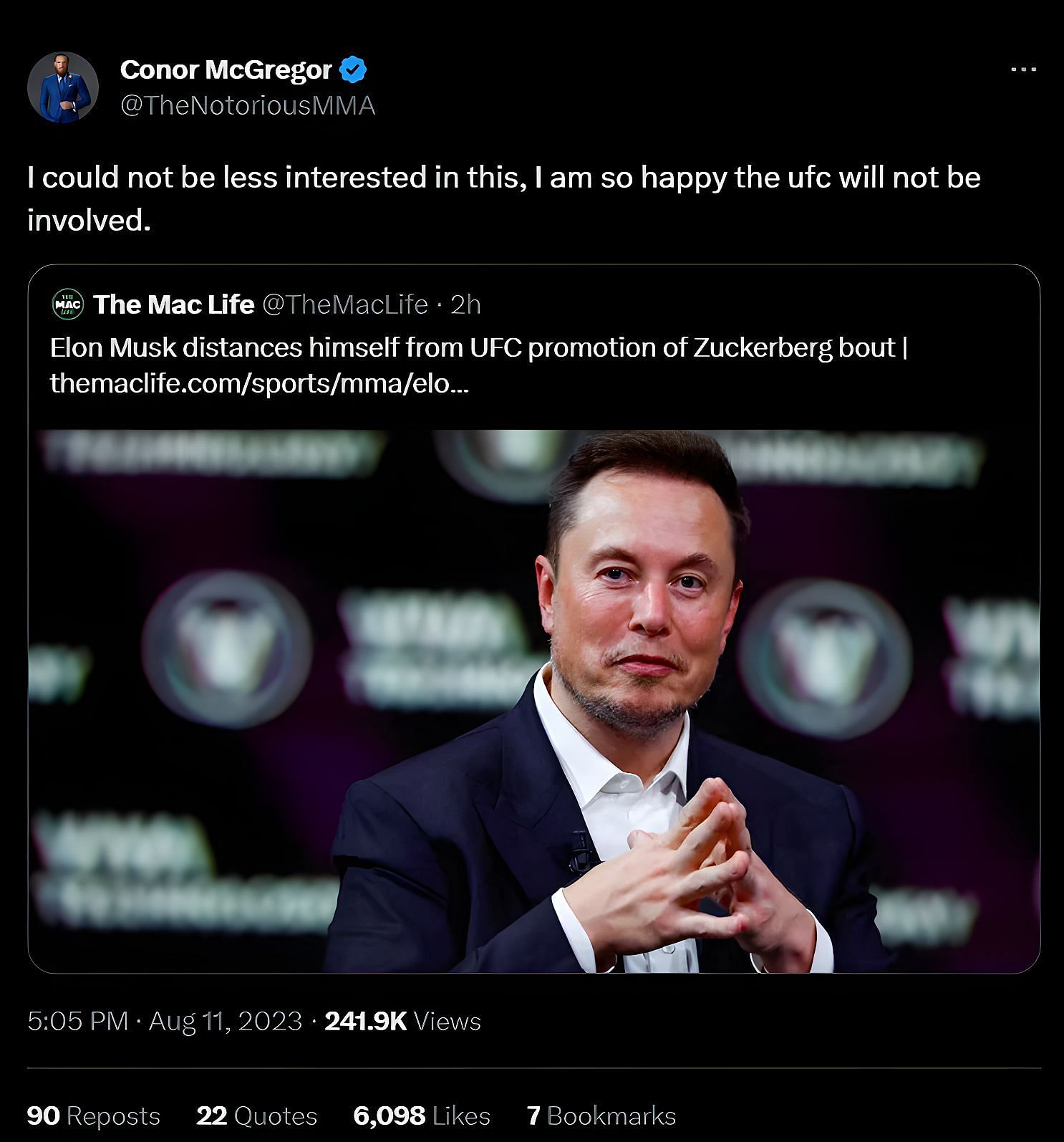 Screenshot of Conor McGregor&#039;s tweet about the Elon Musk-Mark Zuckerberg fight