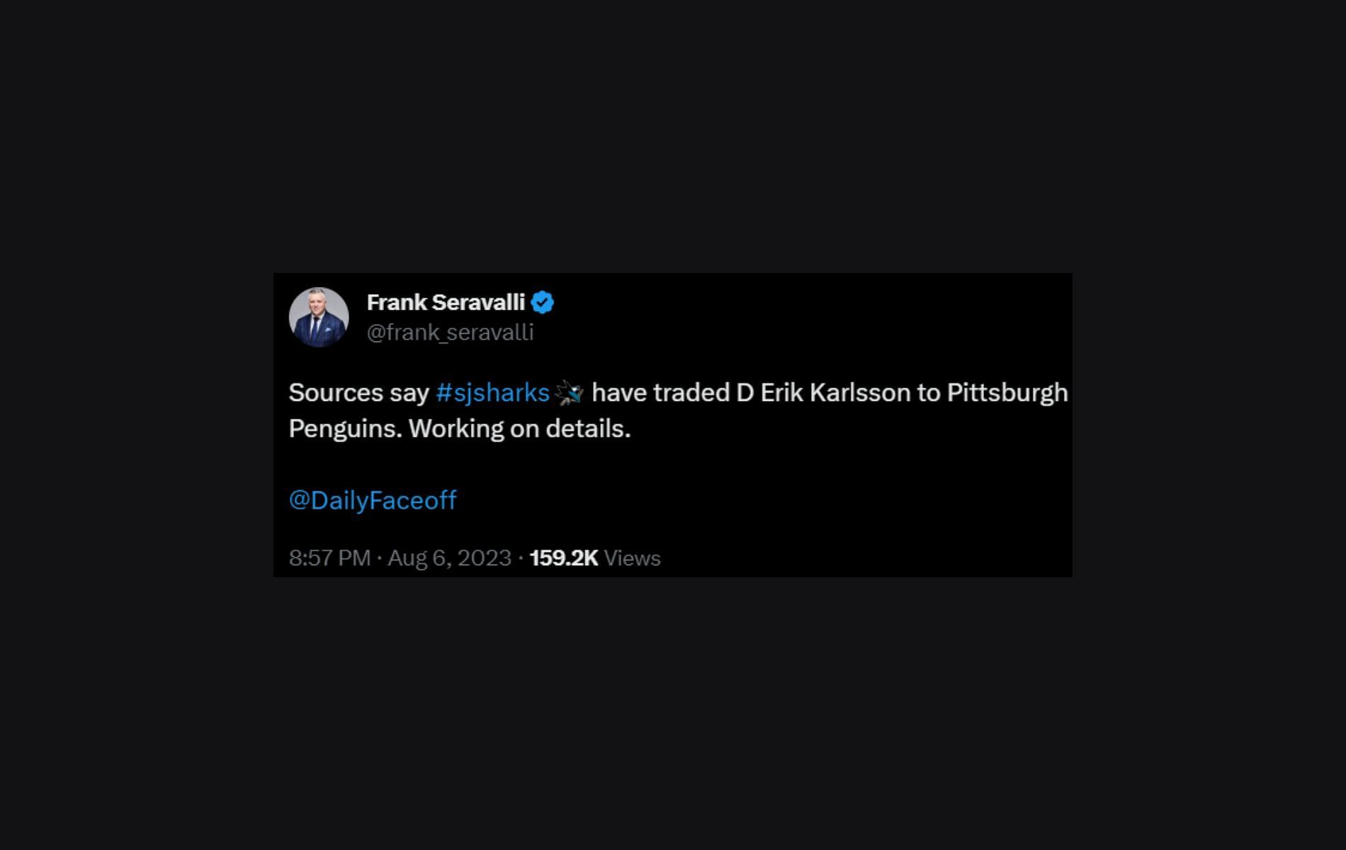 Seravalli reporting Erik Karlsson trade