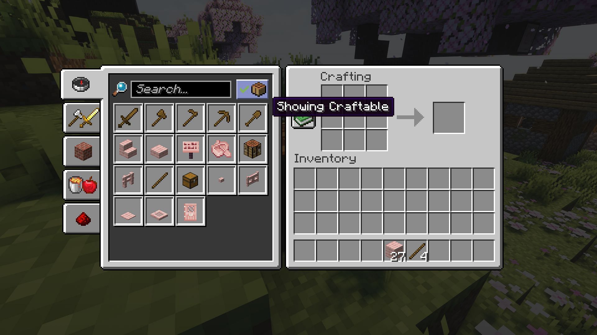 Craftable cherry wood items on the crafting table (Image via Mojang)