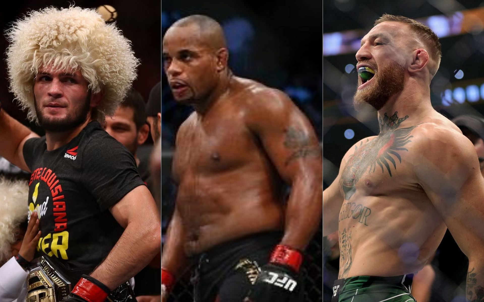 Khabib Nurmagomedov (left), Daniel Cormier (middle) and Conor McGregor (right)