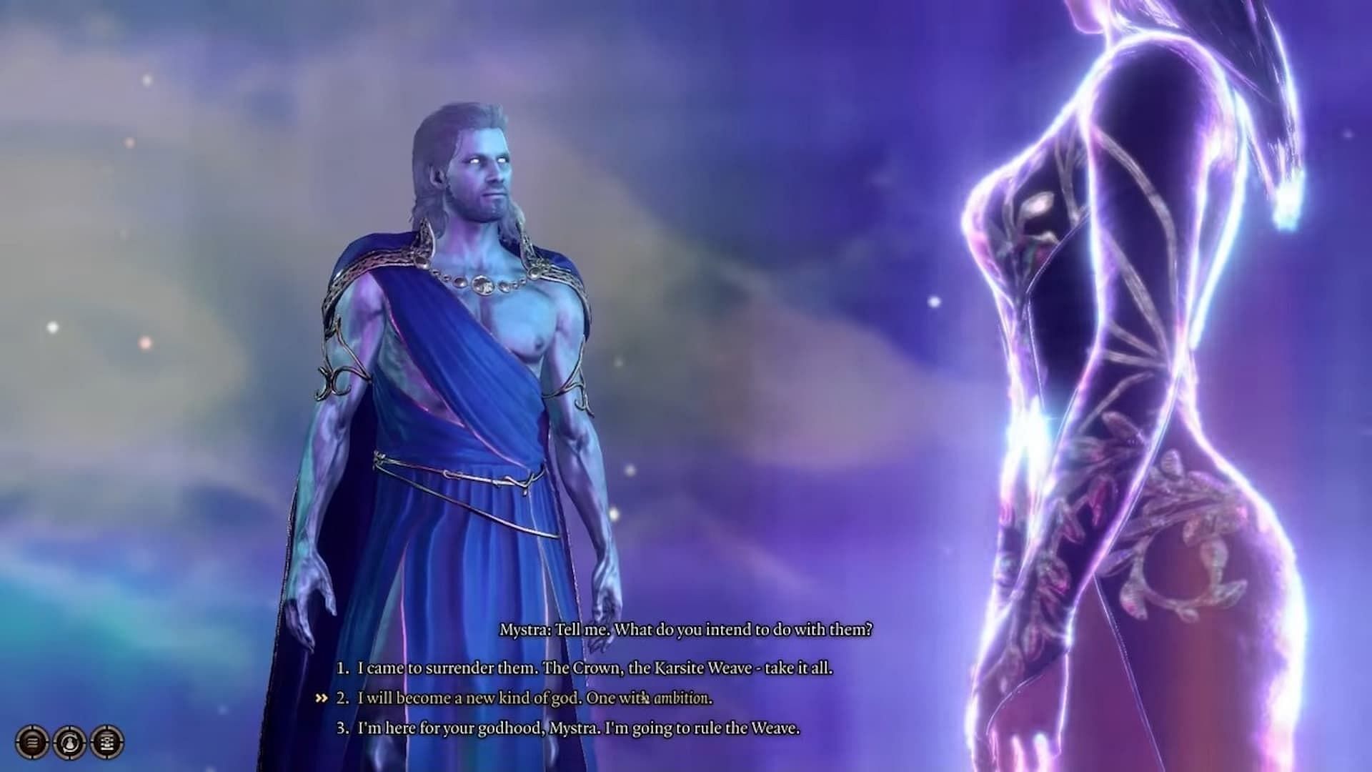 Gale attempts to become a God during a conversation with Mystra (Image via Larian Studios)