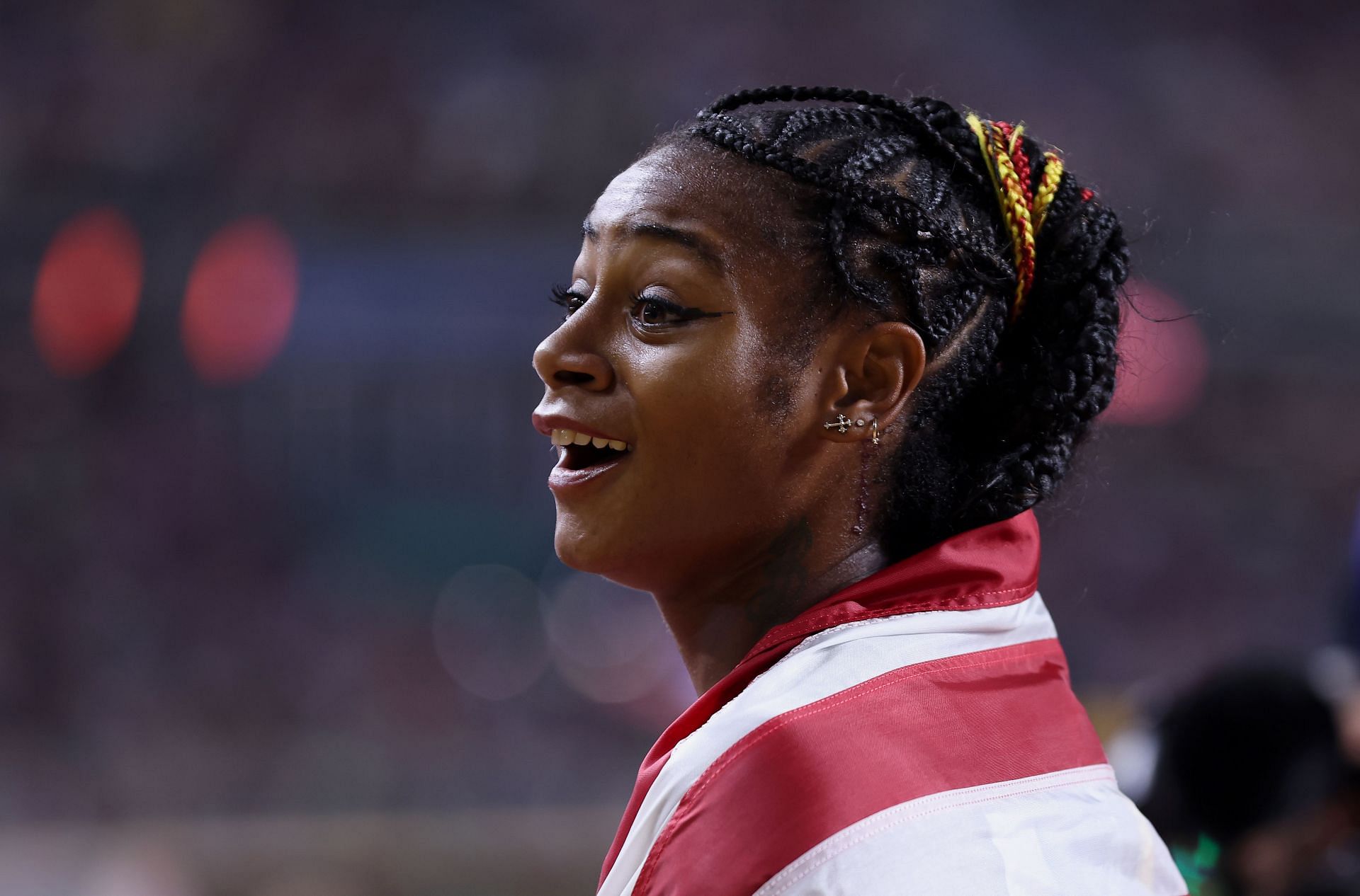 Sha&#039;Carri Richardson after winning the women&#039;s 100m at the 2023 World Athletics Championships in Budapest, Hungary