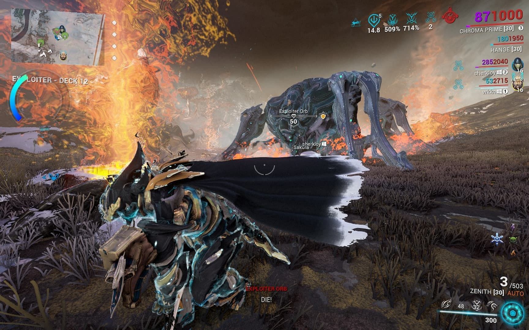 Your Warframe can mount Exploiter Orb to reveal her weak spot once the heat gauge is full (Image via Digital Extremes)