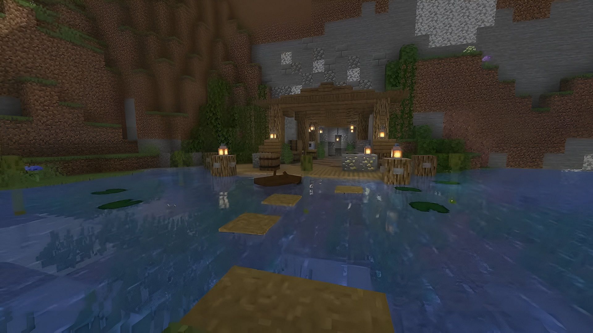 Just a small bit of greenery and water can transform the entrance of a Minecraft mine (Image via Avomance/YouTube)