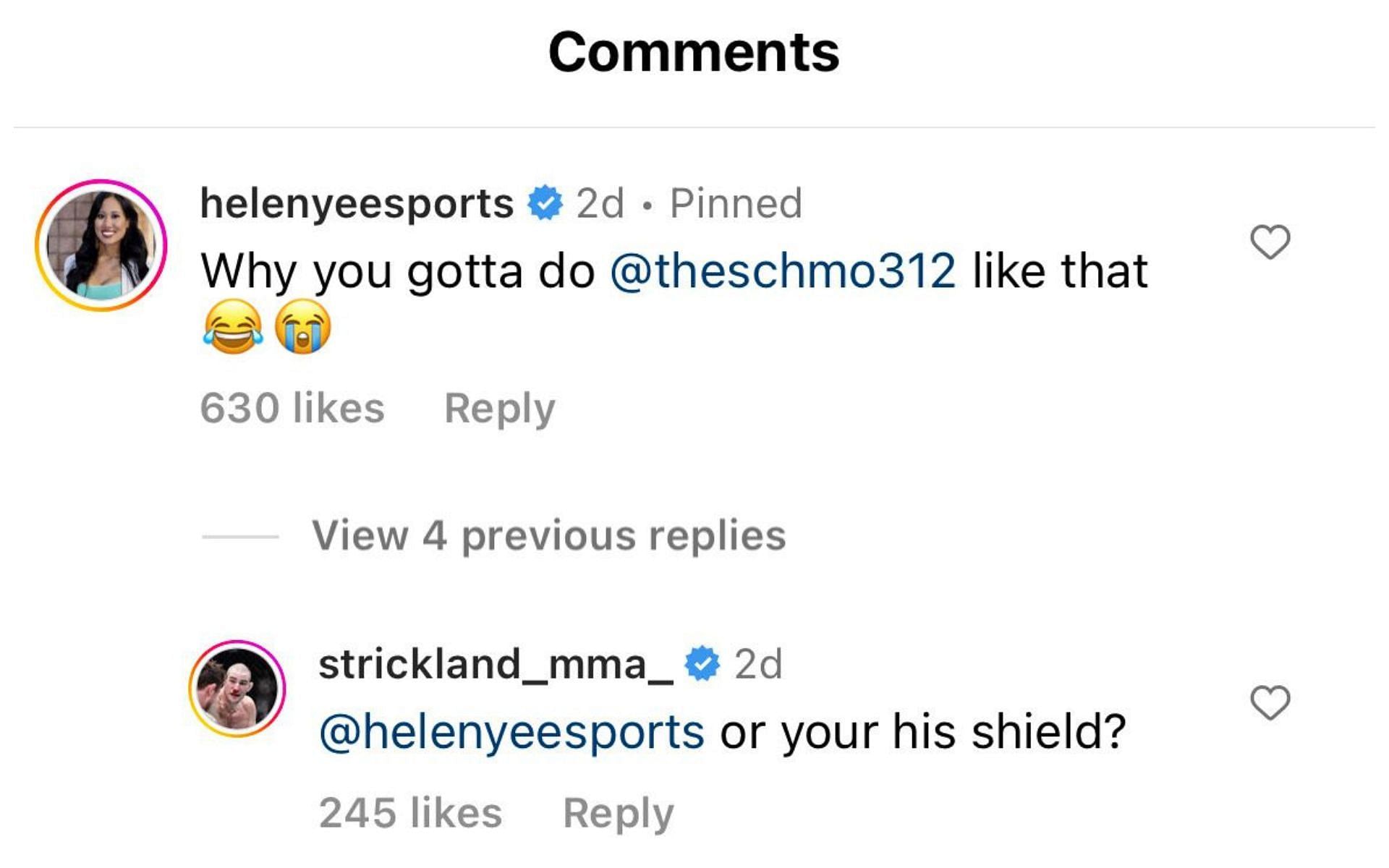 Helen Yea and Sean Strickland interact in his Instagram comments. [via Instagram @strickland_mma_]