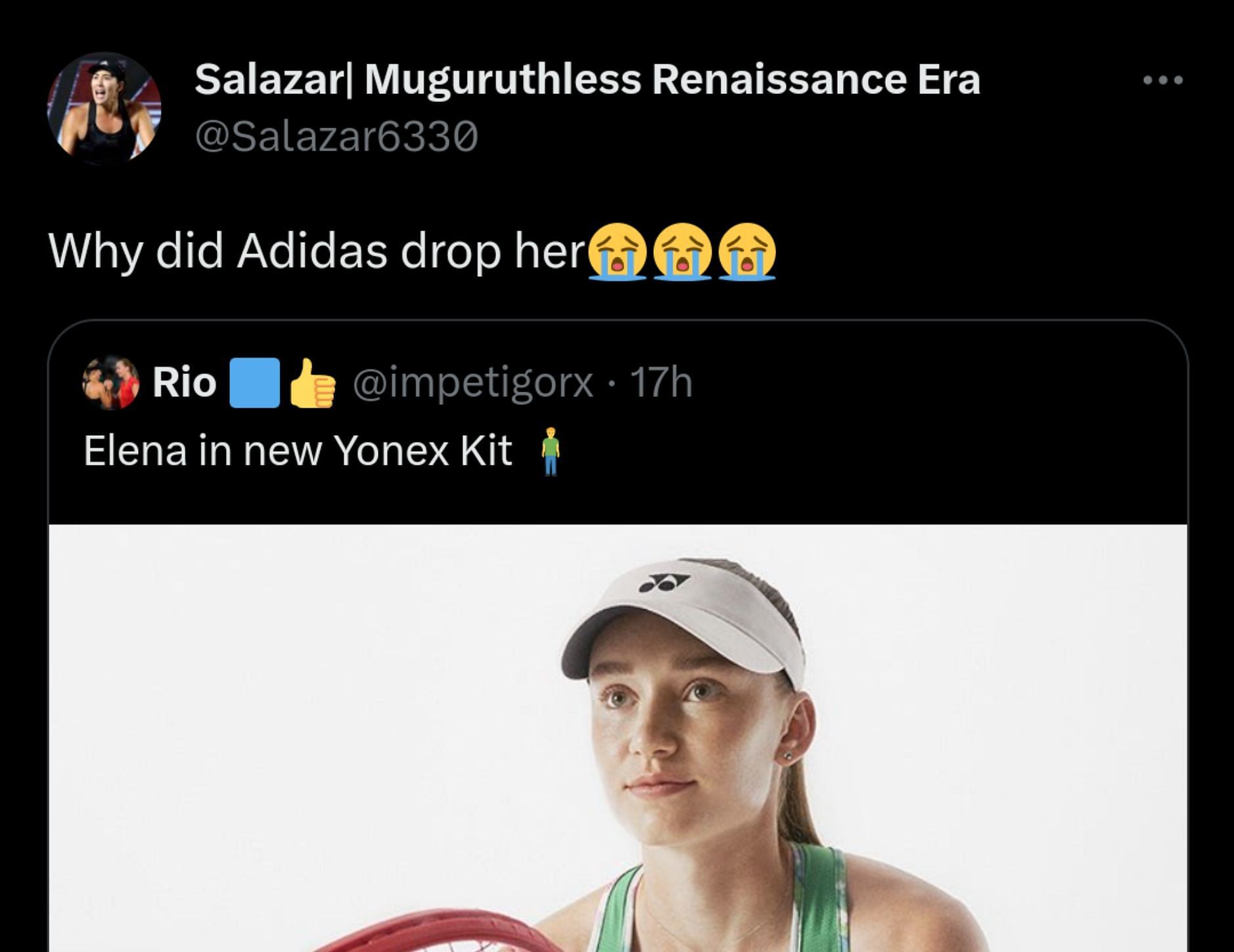 A tennis fan laments Adidas no longer sponsoring the Kazakh Other tennis fans react to Rybakina's Yonex outfit