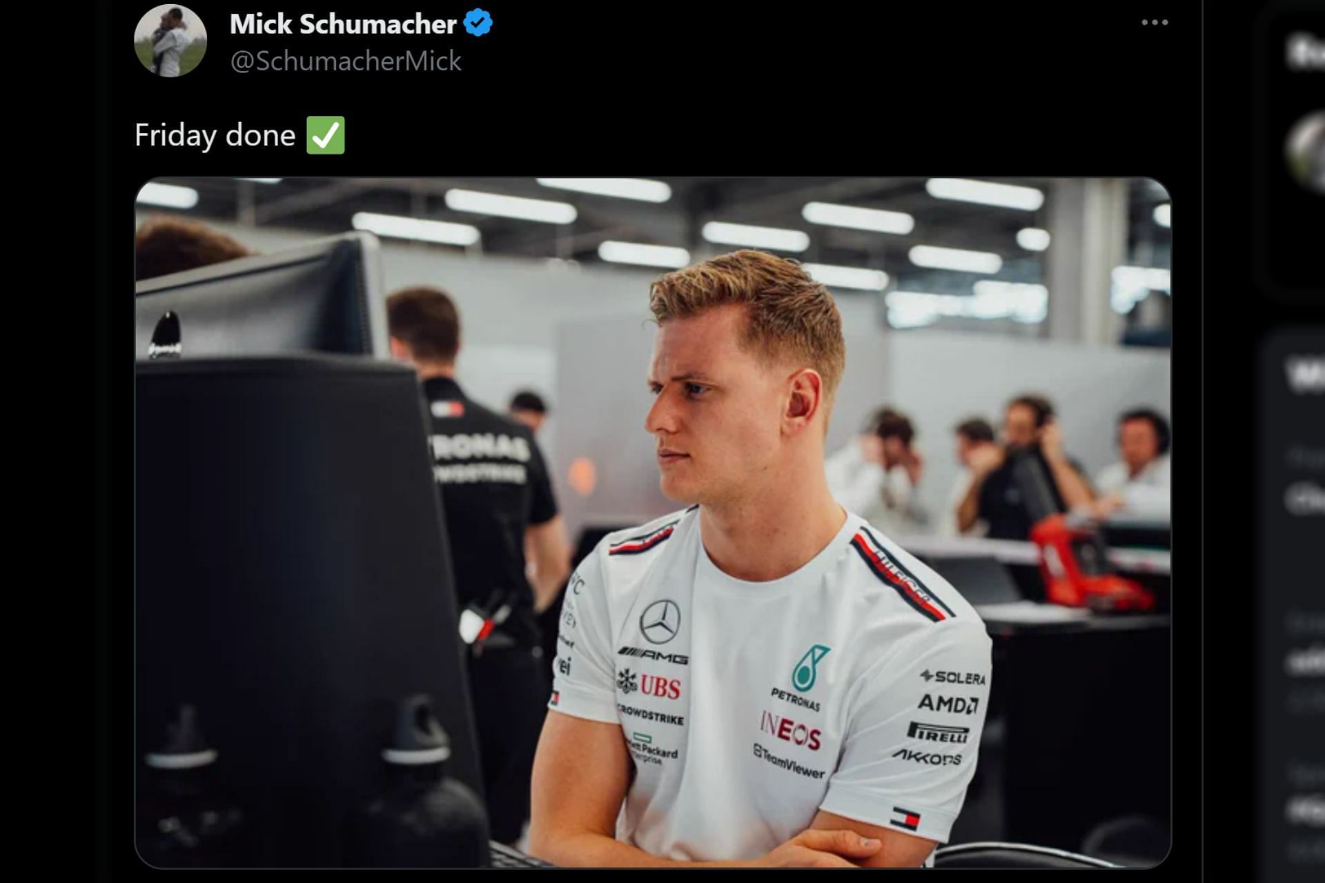 Tweet from Mick Schumacher in the Mercedes garage (Image via Sportskeeda)
