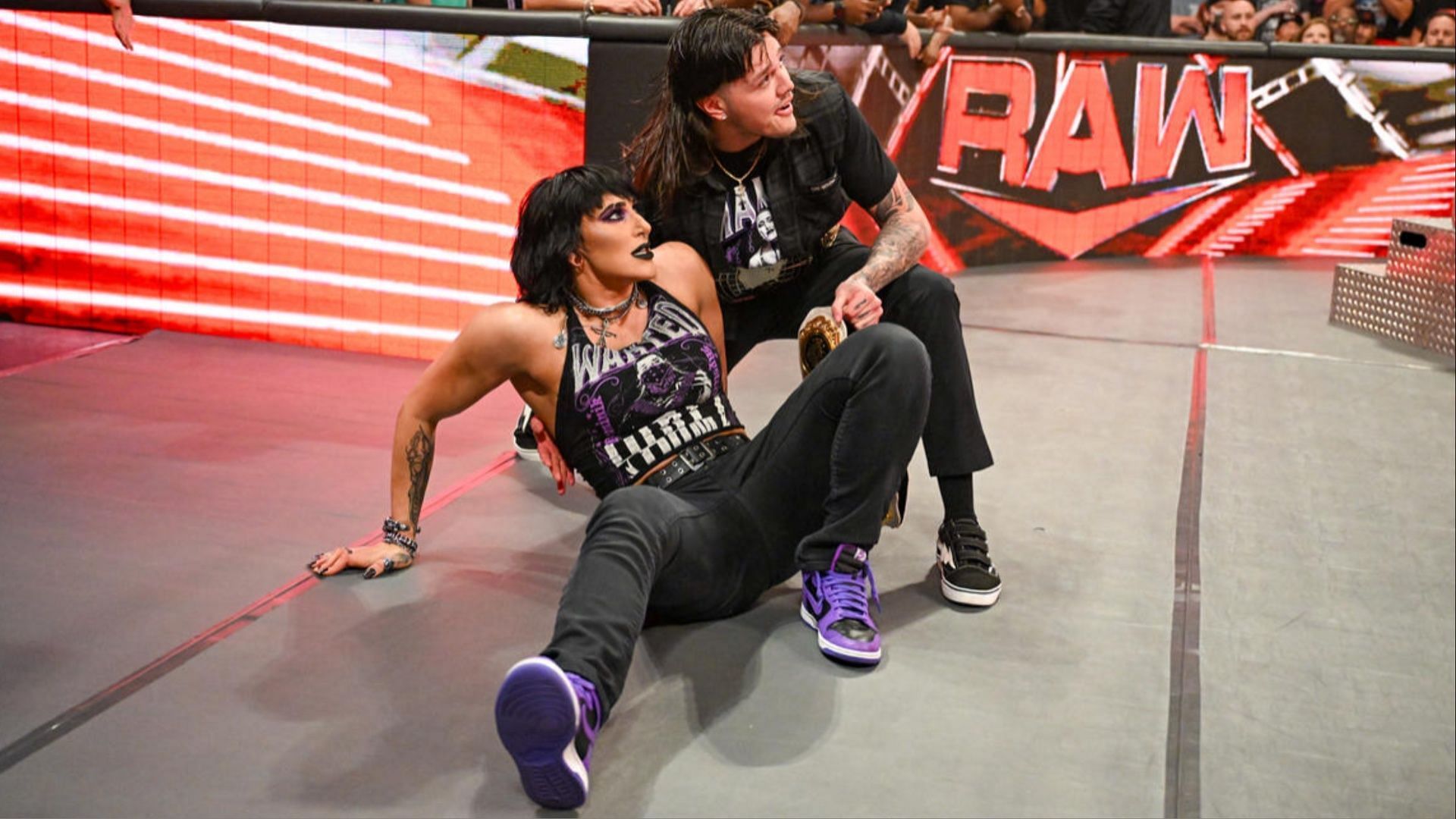 Dominik Mysterio and Rhea Ripley during a segment on WWE RAW.