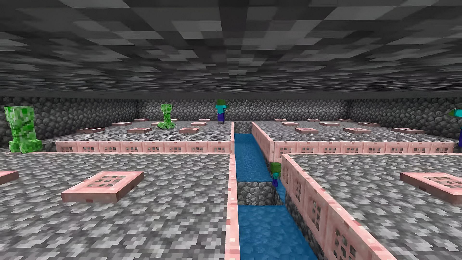The inside of a traditional mob tower utilizing Minecraft 1.20 blocks like cherry trapdoors (Image via Rediscover Redstone/YouTube)