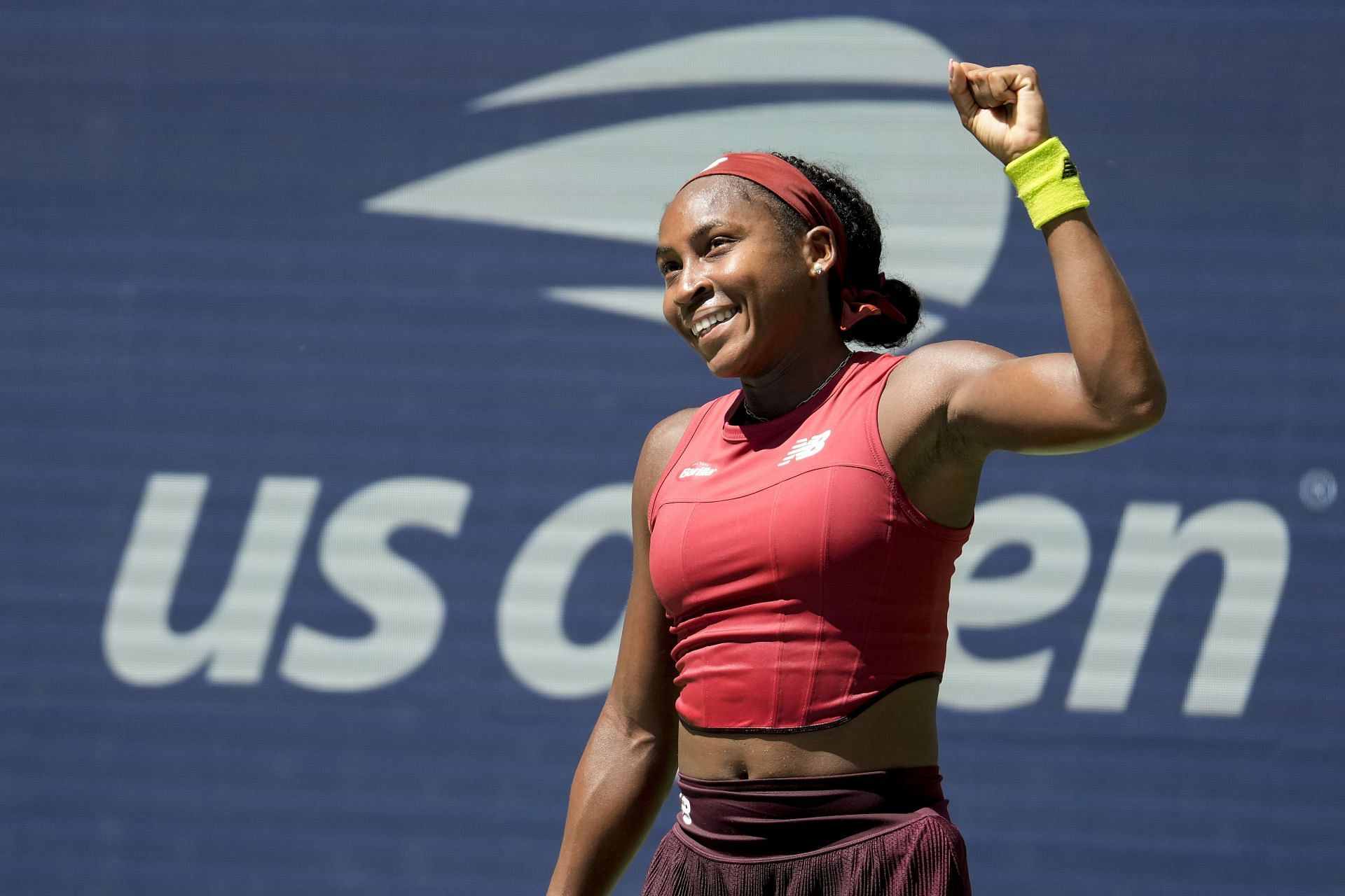 Coco Gauff celebrates after defeating Mirra Andreeva in the second round at the US Open.