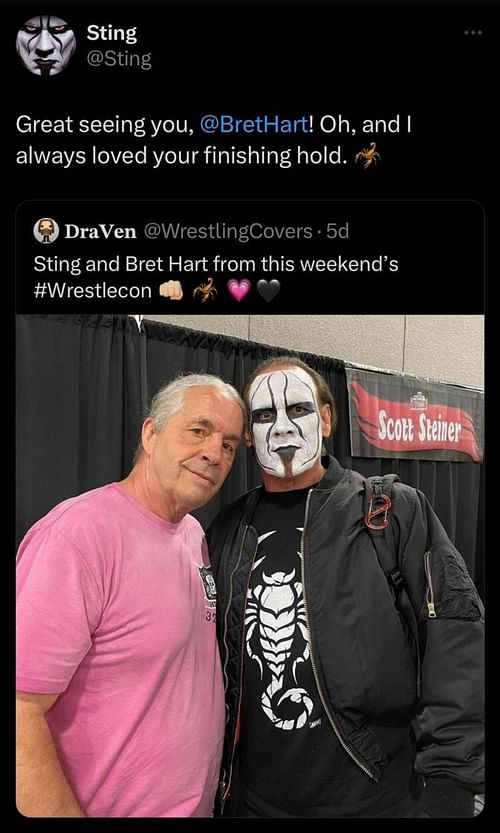 Sting's message, along with his picture with Bret Hart