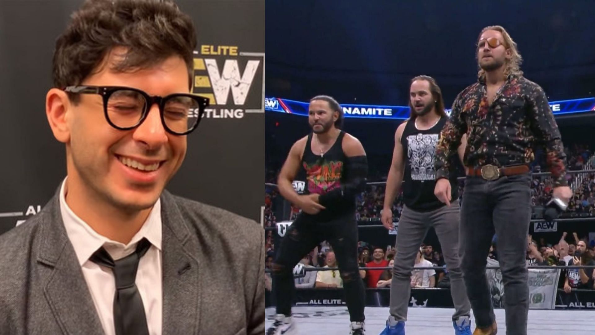 AEW chief Tony Khan (left) and The Elite (right)