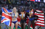 Silver medalist Keely Hodgkinson of Team Great Britain, gold medalist Mary Moraa of Team Kenya and bronze medalist Athing Mu of Team United States during Day 9 of the 2023 World Athletics Championships