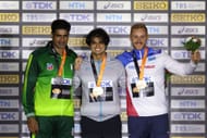Silver medalist Arshad Nadeem of Team Pakistan, gold medalist Neeraj Chopra of Team India, and bronze medalist Jakub Vadlejch of Team Czech Republic during Day 9 of the 2023 World Athletics Championships
