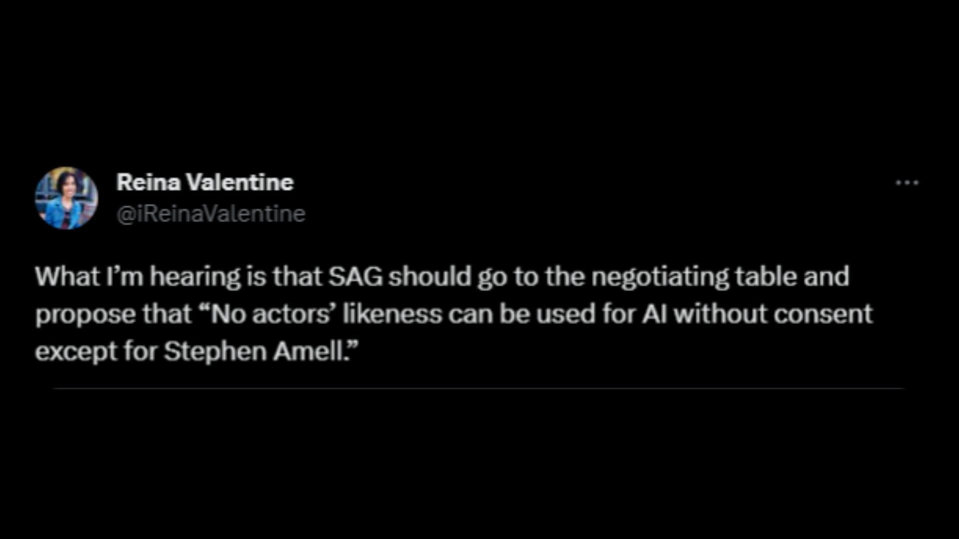 Screenshot of a Twitter user remarking on Amell&#039;s comments on not supporting the SAG-AFTRA strike against the AMPTP. (Photo via @darlinginmyway/Twitter)