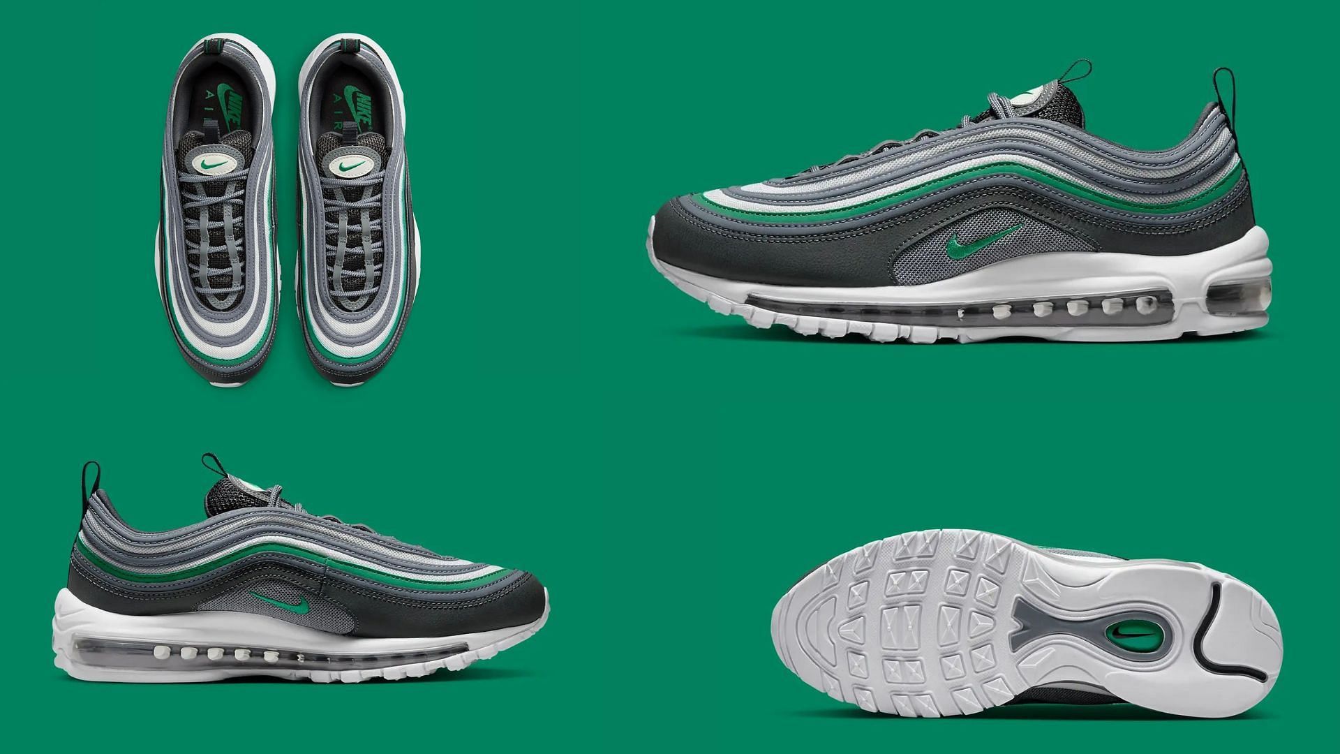 Here&#039;s a detailed look at the upcoming Air Max 97 Cool Grey Stadium Green sneakers (Image via House of Heat)
