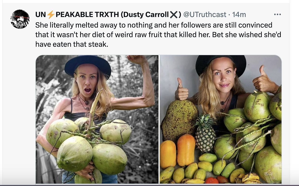 Social media users mourn the death of the vegan influencer, who passed away at 39 due to starvation while following a fruit-only diet. (Image via Twitter)