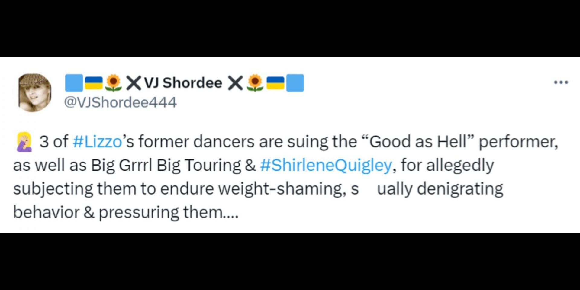 Lizzo and her dance team captain Shirlene Quigley face lawsuit filed by the singer&#039;s former dancers. (Image via Twitter/@VJShoredee444)