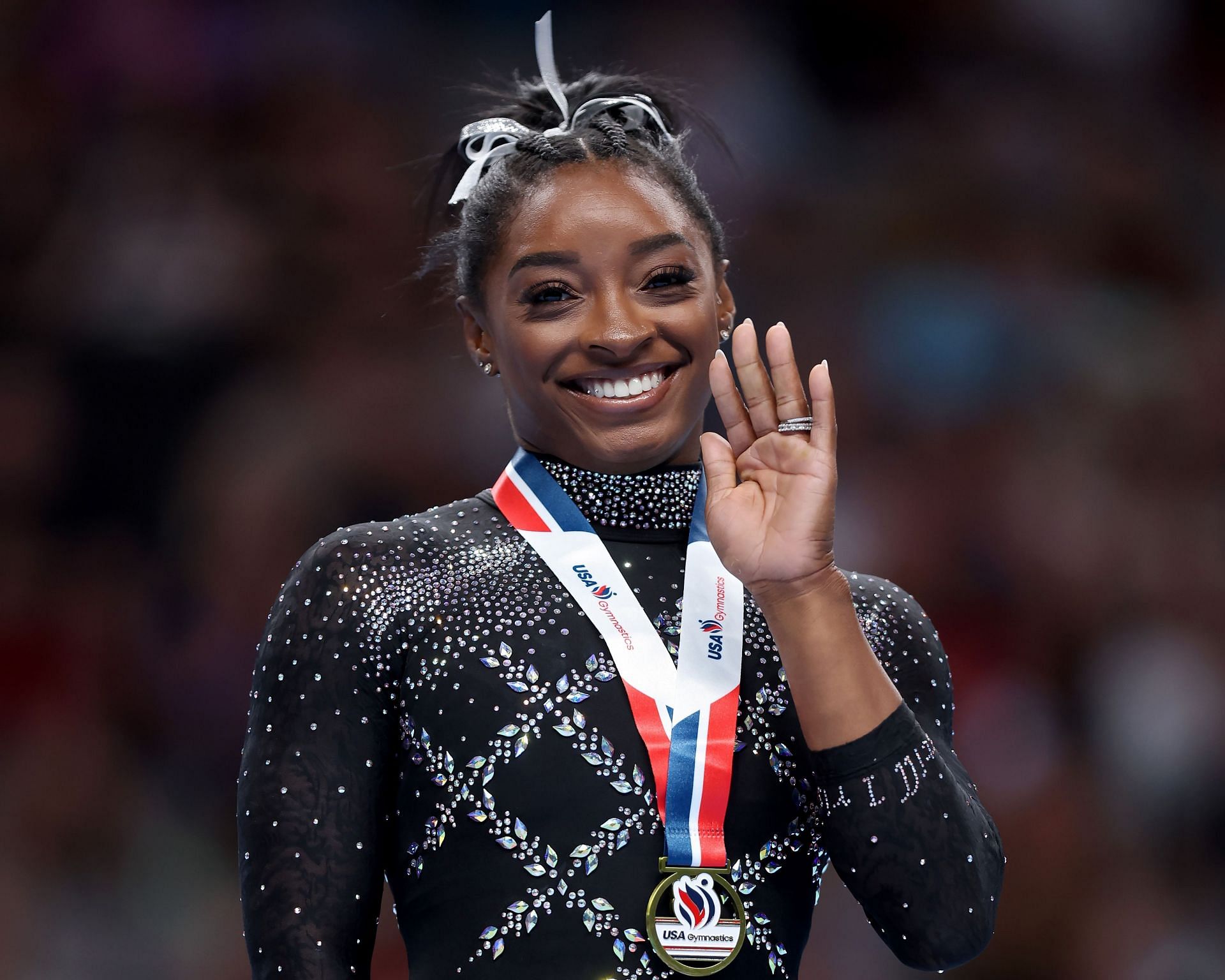 Simone Biles after placing first in the floor exercise competition at the 2023 U.S. Gymnastics Championships at SAP Centre in San Jose, California