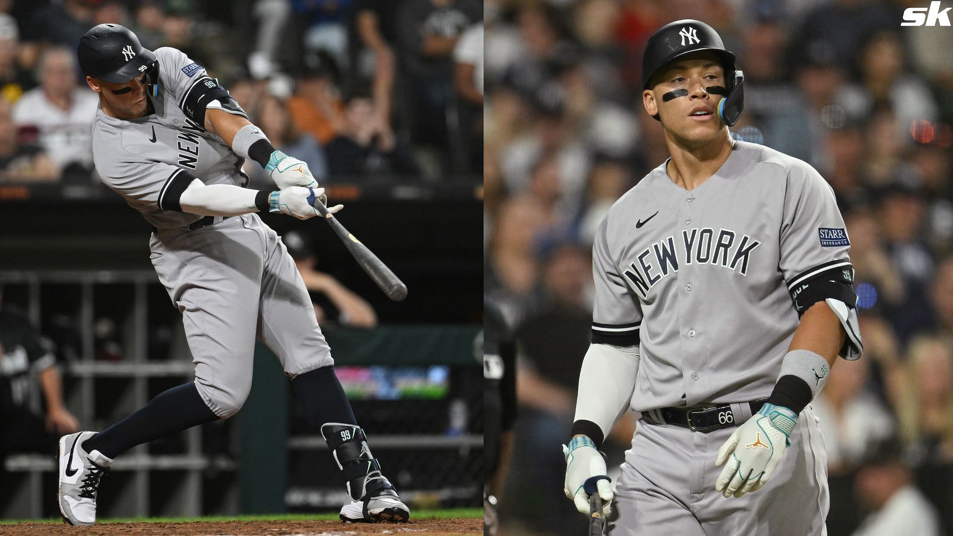 Aaron Judge of the New York Yankees hits a double in the ninth inning against the Chicago White Sox at Guaranteed Rate Field