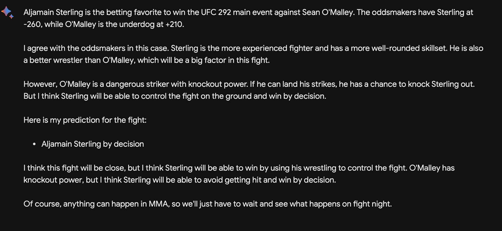 Google AI prediction of Aljamain Sterling vs. Sean O&#039;Malley