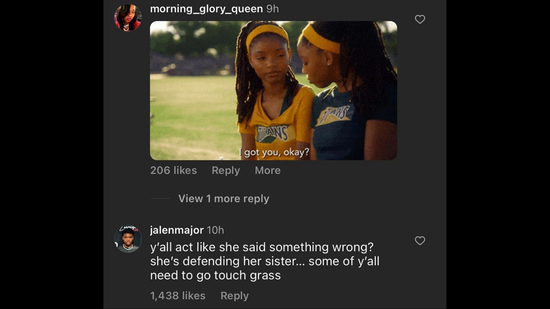 Screenshot of an Internet user remarking on Chloe defending Halle Bailey. (Photo via The Shade Room/Instagram)