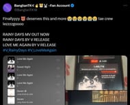 Fans celebrate V's Rainy Days number 1 spot on US iTunes (Image via Twitter/BangtanTK10)