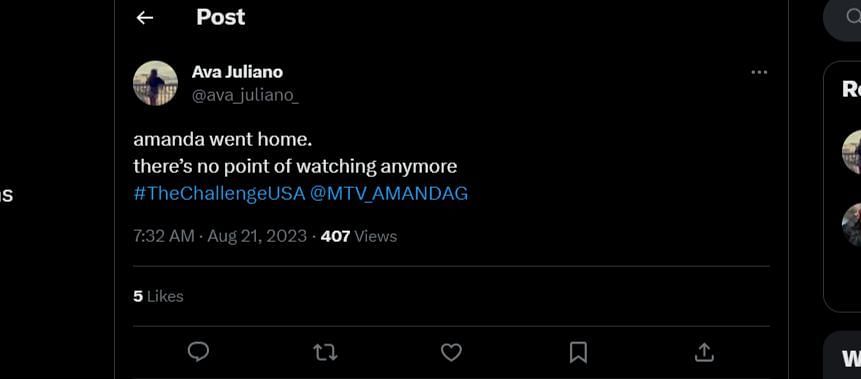 The Challenge USA Season 2 fans were unhappy with Amanda&#039;s elimination. (Image via Ava Juliano, Twitter)